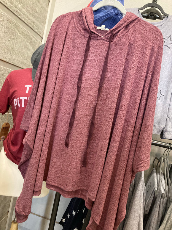 Hacci Brushed Hooded Poncho Top - Wine