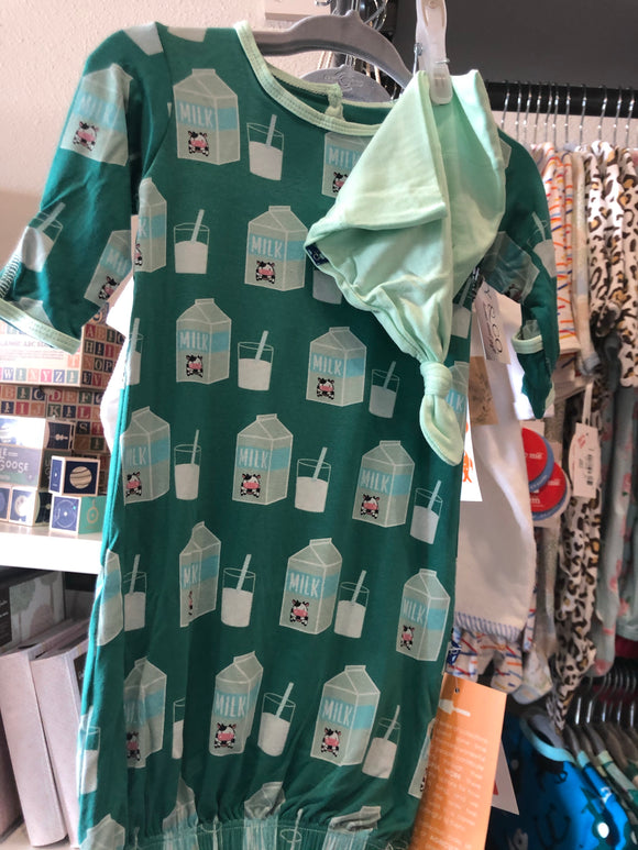 Kickee Pants Print Gown and Single Knot Hat Set (0-3m)